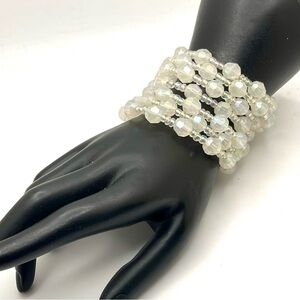 Beautiful White and Iridescent Bead Memory Wrap Statement Bracelet